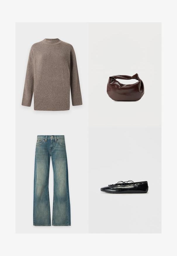 ONLY Knitted ONLHAZEL Knitted - Pullover - brown lentil; Jean en denim bleu à lavage délavé, taille haute, jambes larges, bouton et fermeture éclair devant, cinq poches, présenté sur un fond uni.; Bottine plate noire à bout pointu avec un laçage à l'avant et des œillets le long des bords, présentée sur un fond blanc.; Sac bandoulière en cuir marron foncé avec une forme souple et décontractée et une anse nouée torsadée sur un fond blanc uni.