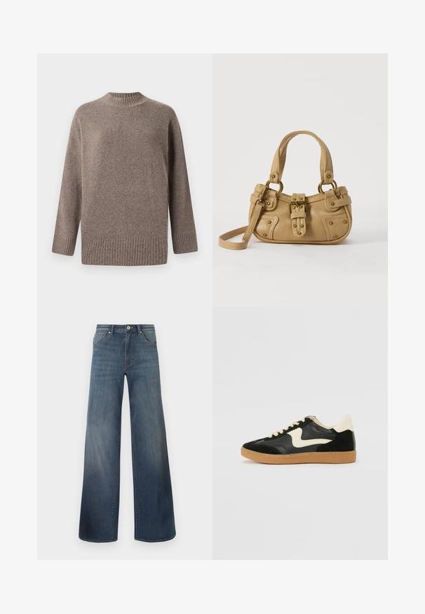 ONLY Knitted ONLHAZEL Knitted - Pullover - brown lentil; Jeans en denim à jambes larges de couleur bleu foncé, avec une finition déchirée, fermeture à bouton et style à cinq poches. Texture lisse, détails de couture minimalistes.; Baskets en daim et cuir noir avec un swoosh latéral crème et un talon crème clair. Dotées de lacets beige et d'une semelle en caoutchouc gomme.; Sac à main en cuir beige avec double poignées, boucle en laiton et détails rivetés, ainsi qu'une bandoulière réglable sur fond blanc.