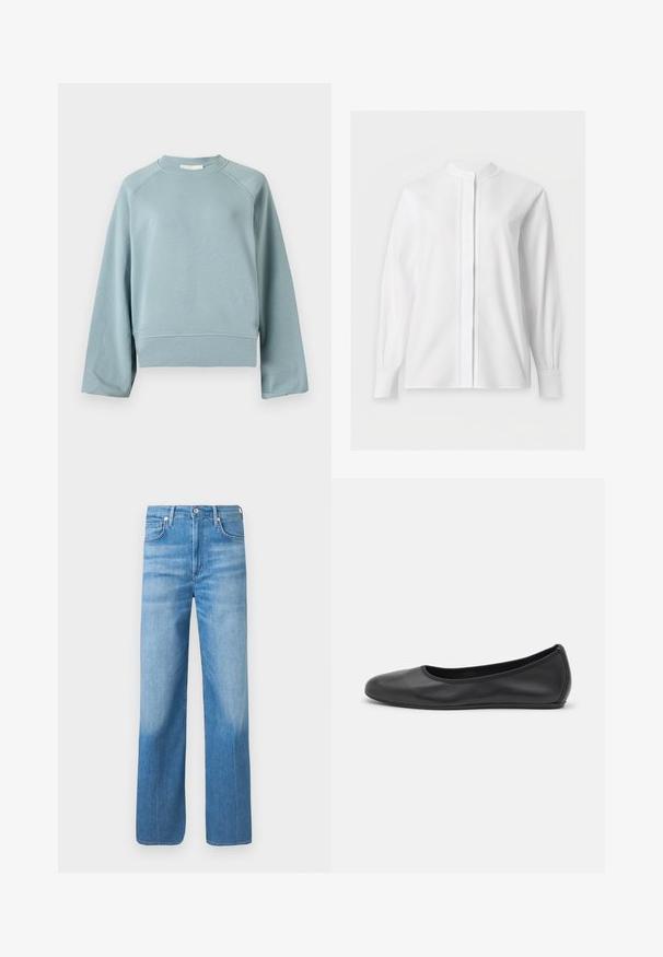 Sweat-shirt bleu clair à col rond avec manches raglan longues, ourlet et poignets côtelés, présenté sur un fond blanc uni.; Blouse blanche manches longues avec col mao et patte de boutonnage cachée, présentée sur un fond blanc uni.; Jean bleu clair à jambes droites avec légère décoloration sur les cuisses, poches avant, passants de ceinture et fermeture boutonnée à la taille.; Ballerines en cuir noir avec un bout rond, texture lisse, détails de couture minimalistes et design de semelle flexible.