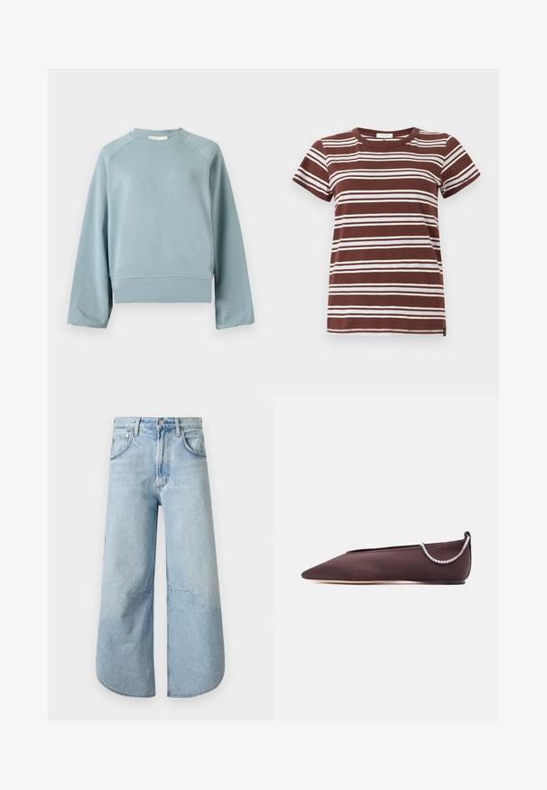 Sweat-shirt bleu clair à col rond avec manches raglan longues, ourlet et poignets côtelés, présenté sur un fond blanc uni.; T-shirt marron à rayures avec des rayures blanches horizontales, manches courtes et col rond classique en coton doux.; Jean en denim bleu clair à jambes larges, taille haute, bouton et fermeture éclair devant, ourlets arrondis.; Chaussure plate marron foncé à bout pointu avec un petit talon et un détail chaîne en strass argentée à l'arrière.
