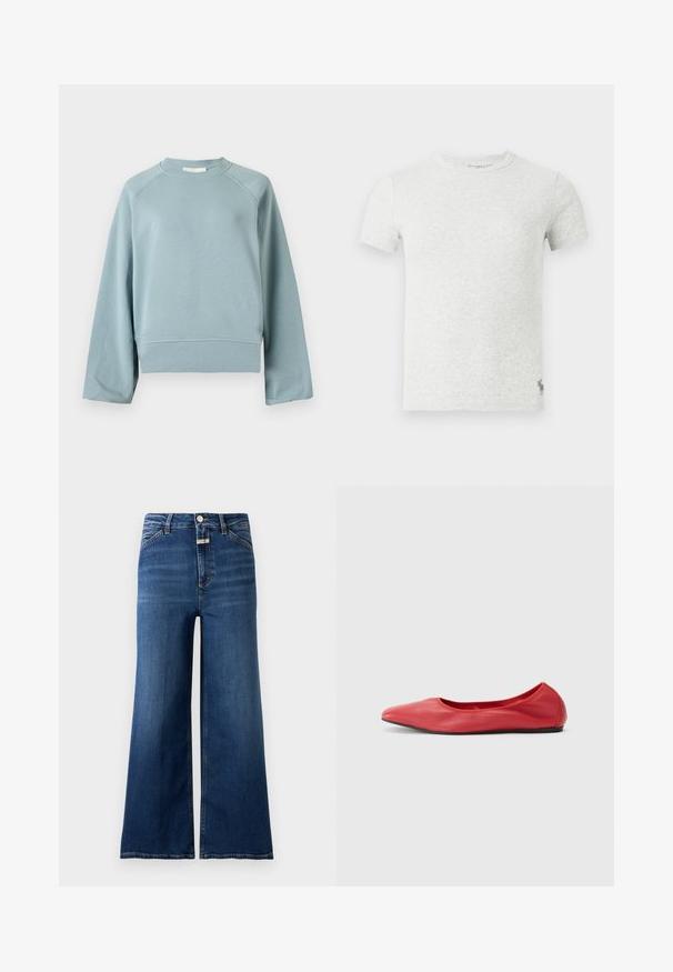 Sweat-shirt bleu clair à col rond avec manches raglan longues, ourlet et poignets côtelés, présenté sur un fond blanc uni.; T-shirt gris clair côtelé à manches courtes et col rond avec un petit logo brodé près de l’ourlet à gauche.; Jeans en denim bleu taille haute à jambes larges, avec poches avant, passants de ceinture, fermeture par boutons et braguette visible sur un fond uni.; Filippa K REY FLATS - Ballerines - bright red