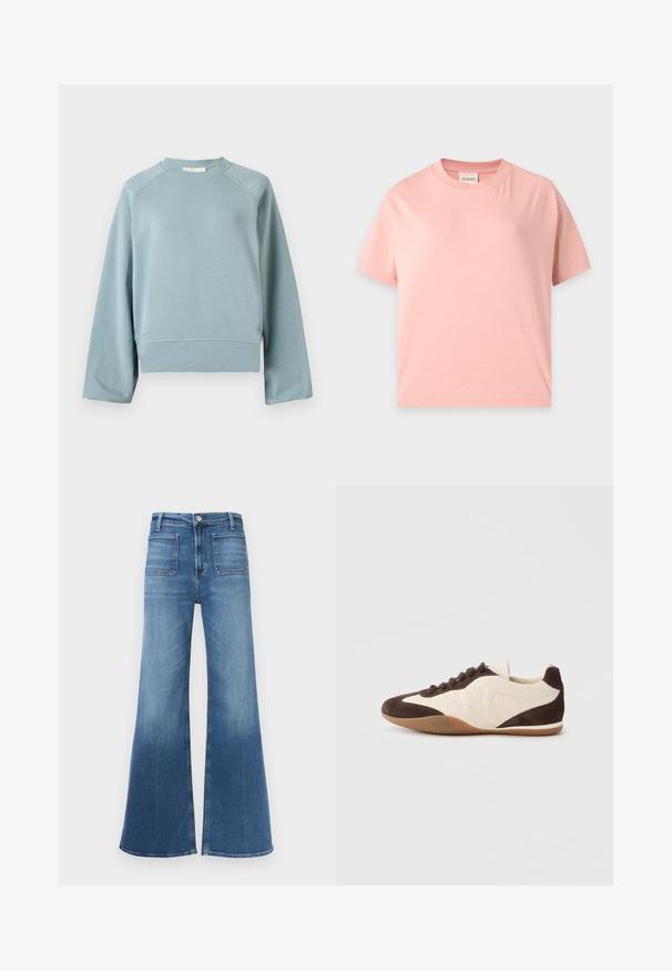 Sweat-shirt bleu clair à col rond avec manches raglan longues, ourlet et poignets côtelés, présenté sur un fond blanc uni.; T-shirt à manches courtes rose clair avec un col rond, une coupe droite et un petit logo brodé ton sur ton près de l’ourlet inférieur.; Jean en denim bleu évasé avec taille mi-haute, cinq poches et un délavage usé. Comporte des passants de ceinture et une fermeture à un bouton.; Baskets marron et crème présentant un mélange de matériaux texturés et lisses, profil bas, design à lacets, et semelle en caoutchouc.