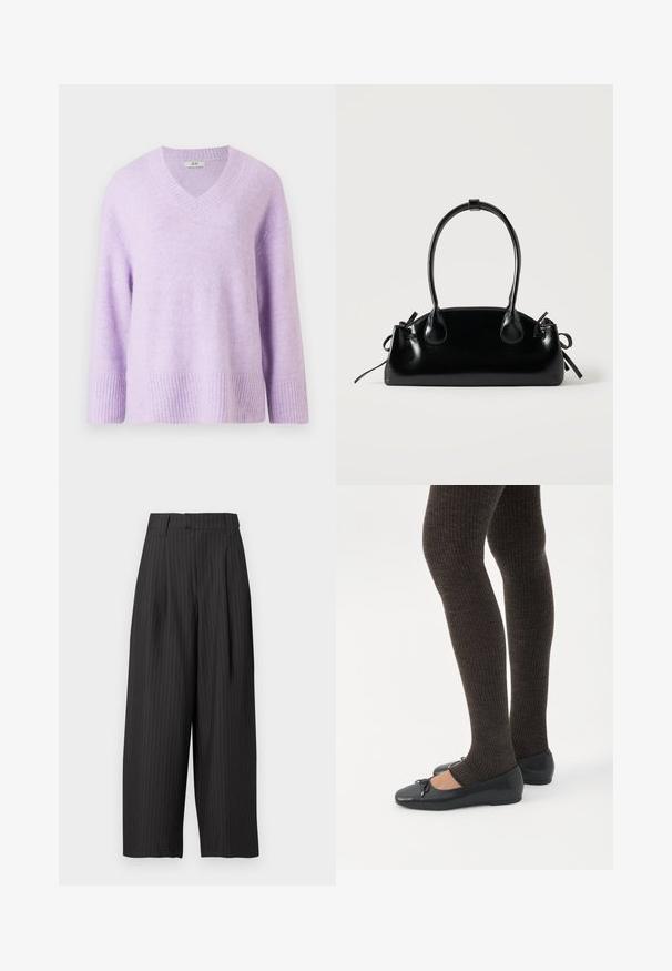 Jersey de cuello en V en suave lavanda claro, hecho de una tela texturizada, con mangas de 3/4 y ribetes en el dobladillo y los puños.; Pantalones negros a rayas con un diseño de pierna ancha y corta, que presentan una cinturilla ajustada y pliegues para añadir textura y forma.; Piernas con leggings oscuros acanalados combinados con bailarinas negras que presentan pequeños detalles de lazo sobre un fondo blanco.; Pequeño bolso negro brillante con dos asas largas y detalles de cordón lateral sobre un fondo claro liso.
