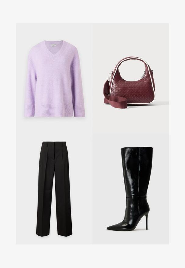 Pull-over en V en lavande clair doux, fabriqué en tissu texturé, avec des manches trois-quarts et un ourlet et des poignets côtes.; Pantalon noir taille haute à jambes larges avec passants de ceinture et plis sur le devant, présenté sur un fond uni clair.; Bottes noires en cuir, hautes jusqu'au genou, avec un bout pointu et un talon aiguille haut. Texture lisse et design épuré, avec un minimum de détails.; Sac à main en cuir tressé marron foncé avec poignée courbée, garniture blanche, fermeture éclair argentée et bandoulière large en tissu amovible sur fond uni.