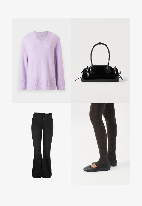Pull-over en V en lavande clair doux, fabriqué en tissu texturé, avec des manches trois-quarts et un ourlet et des poignets côtes.; Jeans noirs évasés taille haute avec fermeture à boutons et zip, poches avant et petite poche, et passants pour ceinture.; Jambes portant des leggings côtelés foncés associés à des ballerines noires avec de petits détails en nœud sur fond blanc.; Petit sac à main noir brillant avec deux longues anses et des détails à cordon sur les côtés sur un fond clair uni.