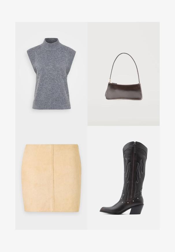 Grå ærmeløs rullekravesweater lavet af ribstrikket materiale, med en tætsiddende silhuet og en blød tekstur.; Beige ruskinds mini nederdel med en glat tekstur, tætsiddende pasform og centralt sømdetalje. Ingen synlige metaldele eller udsmykninger.; Brune læder cowboystøvler med flammebroderi, sidelukning med lynlås, sølvnitter, spids snude og lagdelt hæl.; Lille rektangulær mørkebrun lædertaske med en enkelt rem og guldlåselukning.