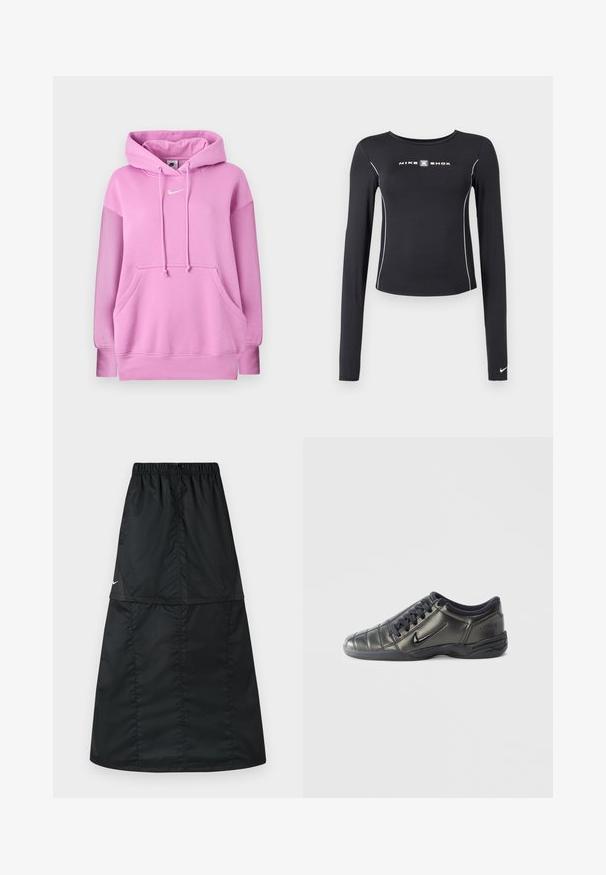 Ροζ φούτερ Nike με μπροστινή τσέπη, ρυθμιζόμενο κορδόνι κουκούλας και λευκό λογότυπο Nike στο κέντρο του στήθους.; Μαύρο αθλητικό μπλουζάκι με μακριά μανίκια, στρογγυλή λαιμόκοψη, εφαρμοστή γραμμή, λευκή διακοσμητική ραφή και λογότυπο "NIKE SHOX" στο κέντρο.; Μαύρη αθλητική φούστα από ελαφρύ, λείο νάιλον ύφασμα. Διαθέτει ελαστική μέση και απλό, μακρύ, σε σχήμα Α κόψιμο.; Μαύρο χαμηλό Nike sneaker με κορδόνια, ραφές και υφή στην σόλα, σε λευκό απλό φόντο.
