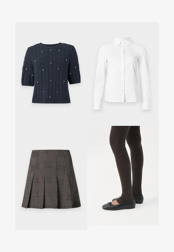 Pull en tricot bleu marine à manches courtes, avec des motifs en câble et des accents en gemmes décoratives. Encolure ronde et ourlet côtelé.; Chemise blanche à manches longues avec boutons, col pointu, ourlet droit et silhouette ajustée, présentée sur un fond clair uni.; Jupe à carreaux gris avec des plis, ornée de motifs complexes en noir et blanc, accentuée par de fines lignes rouges. Fabriquée dans un tissu structuré.; Jambes portant des leggings côtelés foncés associés à des ballerines noires avec de petits détails en nœud sur fond blanc.