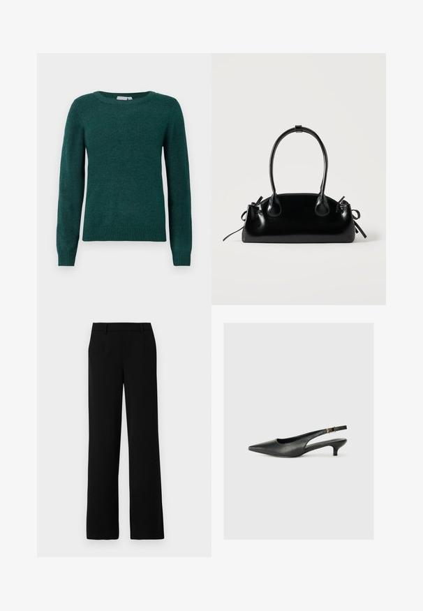 Mørkegrønt sweater lavet af blødt stof, med rund halsudskæring og lange ærmer med ribbede manchetter og kant.; Sorte vide bukser lavet af glat stof, med flad front, to sidelommer og en skræddersyet talje for et elegant udseende.; Sorte spidse slingback-sko lavet af glat læder. Har en tynd hæl og en spænde detalje på den justerbare rem.; Lille sort blank håndtaske med to lange håndtag og snøre-detaljer i siden på en ensfarvet lys baggrund.