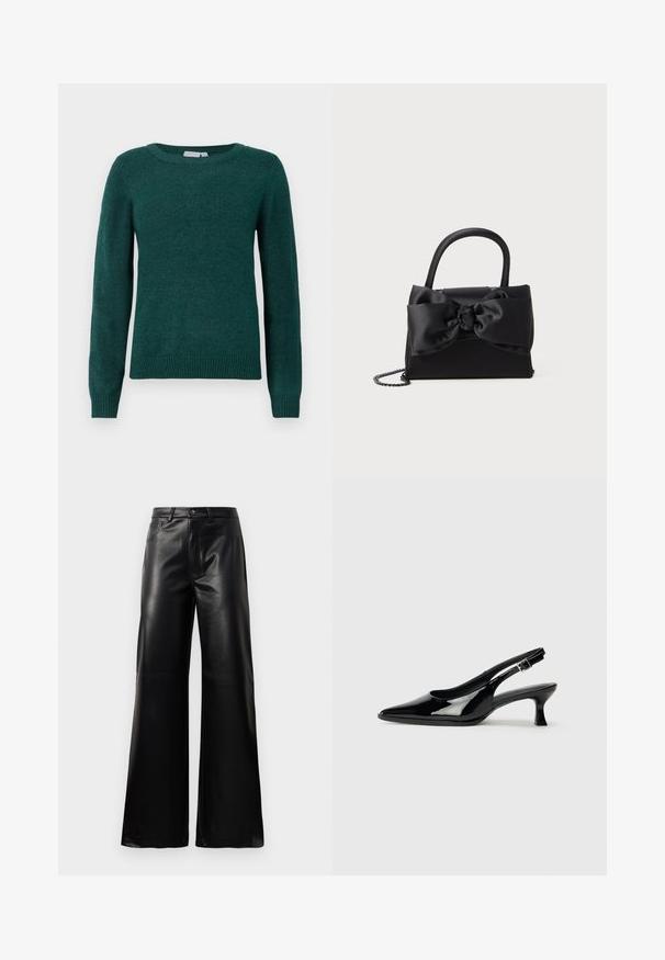 Donkergroene trui van zachte stof, met een ronde halslijn en lange mouwen met geribbelde manchetten en zoom.; Zwarte high-waisted wide-leg neplederen broek met een voorste knoop, ritssluiting, riemlussen en zijzakken op een witte achtergrond.; Zwarte lakleren slingback schoenen met een spitse neus en een lage blokhak. Verstelbare gespband bij de enkel.; Zwarte handtas van gladde stof, met een grote satijnen strik, ronde handvatten en een kettingriem. Compacte rechthoekige vorm.