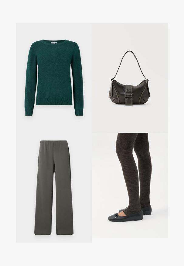 Suéter verde oscuro hecho de una tela suave, con un cuello redondo y mangas largas con puños y dobladillo acanalados.; Pantalones de pierna ancha de tiro alto en gris oscuro con cinturilla elástica, dispuestos sobre un fondo blanco.; Piernas con leggings oscuros acanalados combinados con bailarinas negras que presentan pequeños detalles de lazo sobre un fondo blanco.; Bolso de hombro de cuero negro con detalle de correa con hebilla, bordes curvos y costuras blancas en contraste sobre un fondo liso.