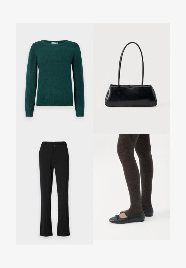Mørkegrønt sweater lavet af blødt stof, med rund halsudskæring og lange ærmer med ribbede manchetter og kant.; Sort, flagrende bukser med en glat tekstur, der har en flad front, bæltestropper og en lynlås-lukning. Designet til en skræddersyet pasform.; Ben iført mørke ribbede leggings kombineret med sorte balletsko med små sløjfedetaljer på hvid baggrund.; Sort rektangulær skuldertaske med lange tynde stropper og en glat, blank tekstur på en ensfarvet baggrund.