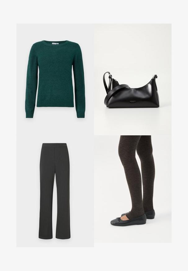 Dunkelgrüner Pullover aus weichem Stoff, mit rundem Halsausschnitt und langen Ärmeln mit gerippten Bündchen und Saum.; Schwarze Nadelstreifen-Hosen mit geradem Bein, ausgestattet mit einem elastischen Bund und einem glatten, strukturierten Stoff.; Beine in dunklen, gerippten Leggings kombiniert mit schwarzen Ballerinas mit kleinen Schleifendetails auf weißem Hintergrund.; Schwarze lederne Handtasche mit glatter Textur. Verfügt über einen verstellbaren Riemen und ein elegantes, minimalistisches Design mit einem Reißverschluss.