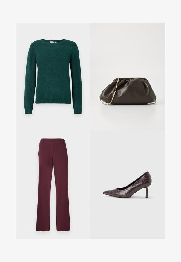 Dunkelgrüner Pullover aus weichem Stoff, mit rundem Halsausschnitt und langen Ärmeln mit gerippten Bündchen und Saum.; Bordeauxrote Hose mit geradem Bein, aus einem glatten Stoff gefertigt, mit flachem Bund und dezenten Nahtakzenten.; Braune Pumps mit spitz zulaufender Spitze aus Kunstleder in Krokodiloptik, mit schlankem, eckigem Absatz und glatter Innenfütterung.; Braune Lederhandtasche mit gerafftem Design, goldenen Kettenriemen und weicher, strukturierter Oberfläche. Kompakte Form, die sich für den abendlichen Gebrauch eignet.
