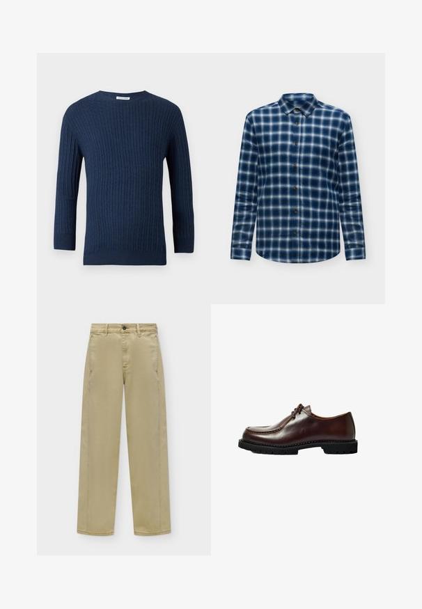 Le pull en tricot navy présente un motif côtelé texturé, un col rond et des manches longues. Fabriqué à partir d'un tissu doux avec une silhouette ajustée.; Chemise à manches longues boutonnée avec motif à carreaux bleu et blanc, col classique et boutons marron sur un fond clair uni.; Pantalon beige droit avec passants de ceinture, bouton à l'avant, fermeture éclair et poches latérales sur un fond uni.; Chaussure en cuir marron avec un bout arrondi, des détails cousus et une semelle en caoutchouc noir avec un motif texturé. Design épuré.