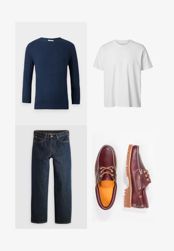Le pull en tricot navy présente un motif côtelé texturé, un col rond et des manches longues. Fabriqué à partir d'un tissu doux avec une silhouette ajustée.; T-shirt blanc uni à manches courtes, col rond, coupe décontractée, sans logos ni motifs visibles à l'avant.; Jean en denim bleu foncé avec une coupe droite. Comprend cinq poches, des surpiqûres contrastantes et une fermeture à bouton à la taille.; Chaussures en cuir bourgogne avec semelles en caoutchouc marron, bout rond, couture blanche et œillets dorés. L'intérieur présente une doublure jaune.