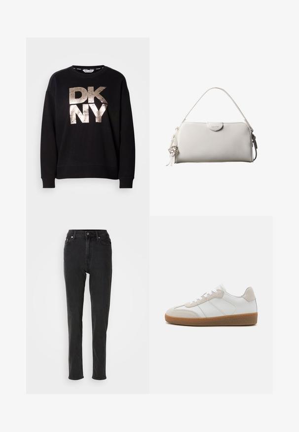 Čierna mikina so zlatým, opotrebovaným logom "DKNY" v veľkom formáte. Dlhé rukávy a kloktací manžety s uvoľneným strihom.; Čierne rifle s vysokým pásom a úzkym strihom, vybavené zapínaním na gombíky, pútkami na opasok a kontrastným prešívaním. Hladká textúra, bez viditeľných vzorov.; Biele kožené tenisky s béžovými semišovými akcentmi, textúrovaným jazykom a gumovou podrážkou. Obsahuje biele šnúrky a nenápadné šité detaily.; Biela obdĺžniková kabelka Calvin Klein s jedným rúčikom, minimalistickým dizajnom a dekoratívnymi strapcami s geometrickým kovovým príveskom na boku.