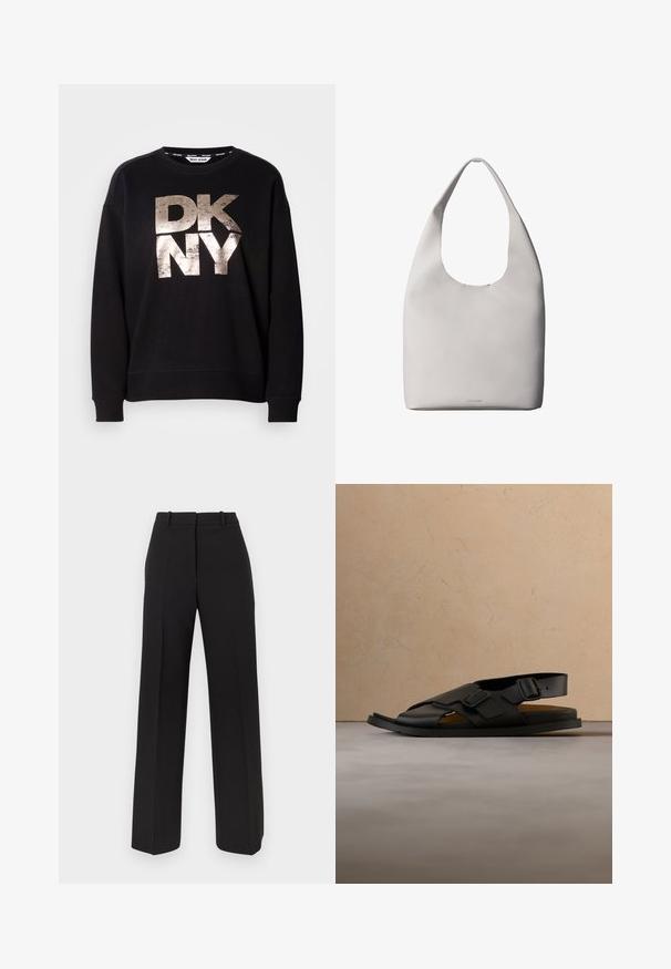 Schwarzer Sweatshirt mit einem großen, abgenutzten, metallisch-goldenen "DKNY"-Logo. Lange Ärmel und gerippte Bündchen mit einem lässigen Schnitt.; Schwarze Hosen mit weitem Bein aus glattem Stoff, mit hohem Bund, zwei vorderen Abnähern und diskreten Seitentaschen.; Schwarze Ledersandale mit zwei verstellbaren Schnallen, offenem Zehendesign und braunem Fußbett, dargestellt über einem strukturierten Teppichboden.; Weiße Ledertasche mit einem einzigen Schulterriemen, weicher Textur und diskretem Calvin Klein-Logo nahe der unteren Mitte.