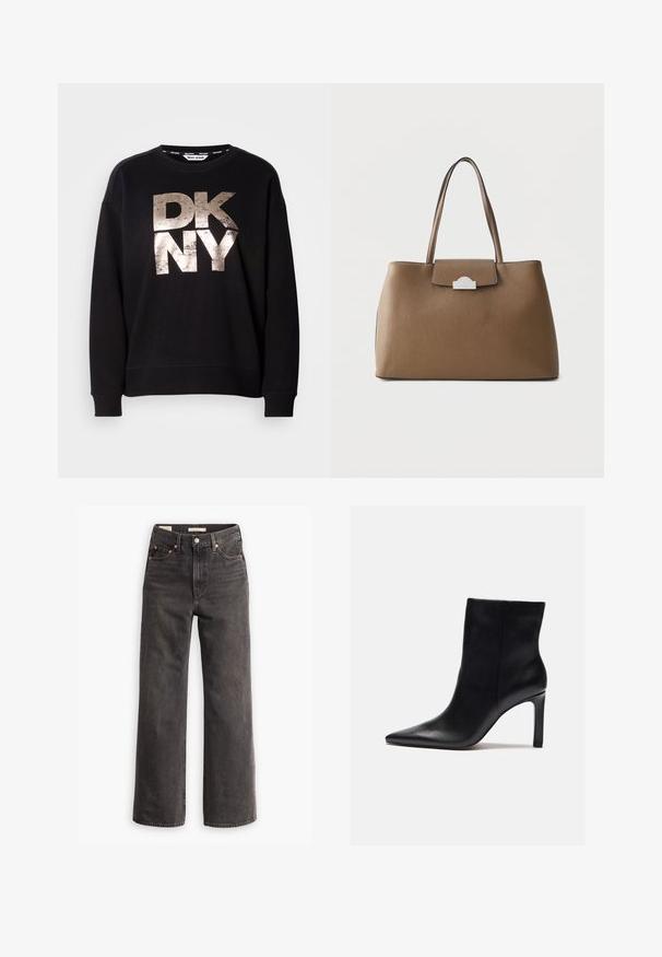 Schwarzer Sweatshirt mit einem großen, abgenutzten, metallisch-goldenen "DKNY"-Logo. Lange Ärmel und gerippte Bündchen mit einem lässigen Schnitt.; Hoch taillierte, weite Jeans aus dunkelgrauem Denim mit Fronttaschen, kontrastierenden kupferfarbenen Nieten und einem schlichten, unauffälligen Finish ohne Verzierungen.; Zign High Heel Stiefelette - black; Braune Ledertasche mit zwei Griffen und einer kleinen silbernen Schnalle auf der vorderen Klappe, vor einem einfarbigen Hintergrund.