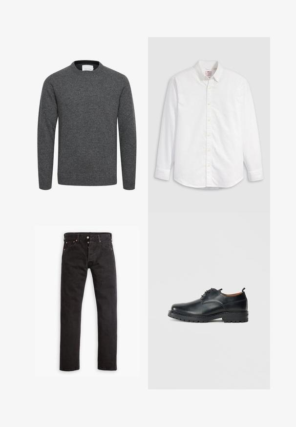 Jersey gris carbón de manga larga con cuello redondo, puños y bajo acanalados, hecho de tejido de punto suave.; Camisa blanca de algodón con botones, de manga larga, cuello con solapa y dobladillo curvado. Presenta botones amarillos y una marca sutil.; Jeans ajustados negros con cierre de botones, cinco bolsillos y remaches de cobre, dispuestos sobre un fondo blanco.; Zapatos derby de cuero negro con una textura suave, punta redondeada, diseño de cordones y una suela de goma gruesa y resistente.