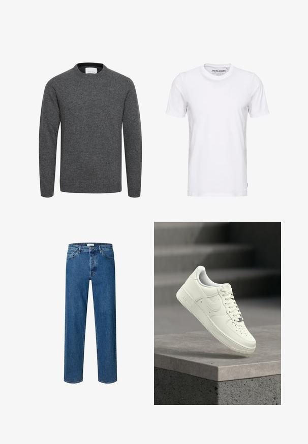 Jersey gris carbón de manga larga con cuello redondo, puños y bajo acanalados, hecho de tejido de punto suave.; Camiseta de manga corta blanca, hecha de algodón, con cuello redondo y un diseño sencillo. Etiqueta de la marca visible en la zona del cuello. Sin patrones ni detalles.; Vaqueros azul de corte recto con cierre de botón y cremallera, trabillas para el cinturón y diseño de cinco bolsillos.; Zapatilla deportiva de cuero blanco con diseño de perfil bajo, superficie texturizada, perforaciones en la punta y detalles plateados en los cordones y la marca.
