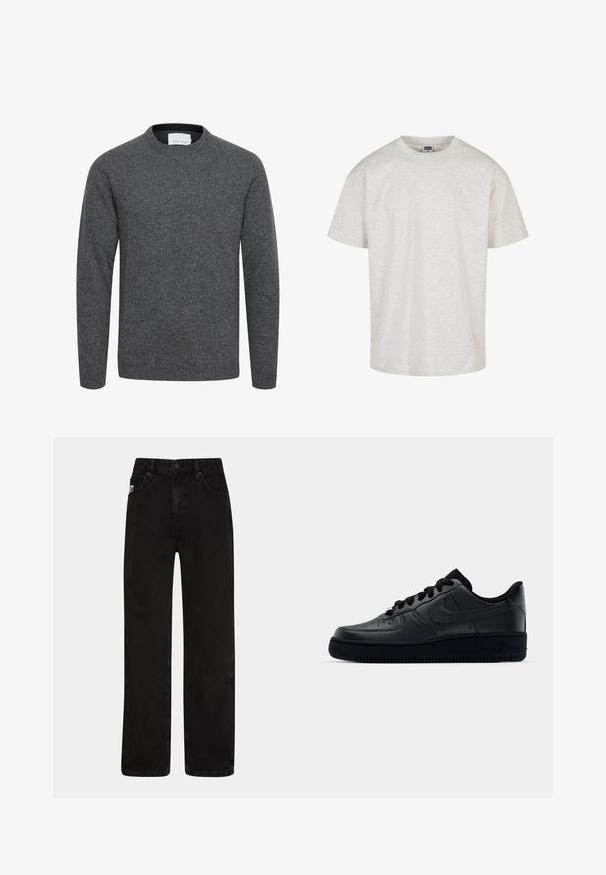 Pull gris charbon à manches longues avec col rond, poignets et ourlet côtelés, en tissu tricoté doux.; T-shirt en coton gris clair à manches courtes, avec un col rond et une coupe décontractée. Tissu texturé avec un motif chiné subtil.; Jean en denim noir avec une coupe droite, doté de poches avant, d'une fermeture à bouton et d'une discrète étiquette logo sur la taille.; Baskets Nike Air Force 1 noires avec un dessus en cuir lisse, bout perforé pour la respirabilité, lacets noirs et semelle en caoutchouc texturé.
