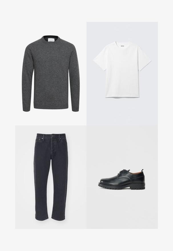 Jersey gris carbón de manga larga con cuello redondo, puños y bajo acanalados, hecho de tejido de punto suave.; Camiseta blanca de manga corta con cuello redondo, colocada plana, diseño liso, con etiqueta "WEEKDAY" en el interior del cuello sobre un fondo claro.; Jeans de mezclilla gris oscuro con corte recto, cinco bolsillos y herrajes metálicos. Presenta costuras de contraste y una textura ligeramente desgastada.; Zapatos derby de cuero negro con una textura suave, punta redondeada, diseño de cordones y una suela de goma gruesa y resistente.