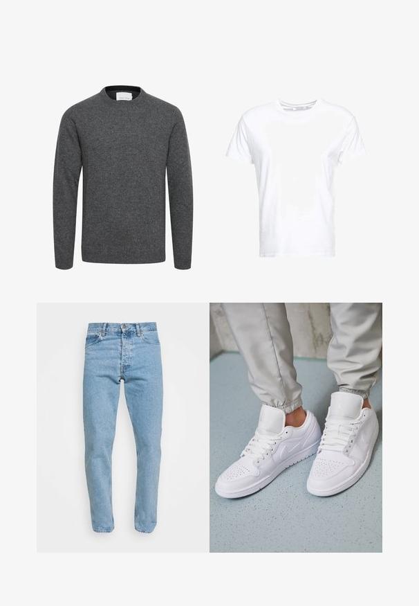 Jersey gris carbón de manga larga con cuello redondo, puños y bajo acanalados, hecho de tejido de punto suave.; Camiseta de algodón blanca con cuello redondo y mangas cortas, con un corte clásico y una textura suave. Sin patrones ni elementos metálicos visibles.; Jeans de denim en azul claro con un diseño clásico de cinco bolsillos, cierre de cremallera y piernas ligeramente ajustadas, que presentan un ligero desgaste y detalles en costura.; Las zapatillas deportivas de cuero blanco cuentan con una caja de dedos perforada, cordones planos, un cuello acolchado y el logo de Jordan en la lengüeta. Las llevan puestas con pantalones joggers grises.