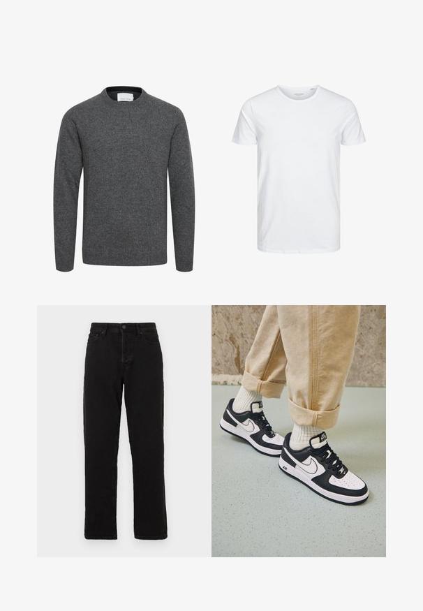 Jersey gris carbón de manga larga con cuello redondo, puños y bajo acanalados, hecho de tejido de punto suave.; Camiseta de manga corta y cuello redondo en blanco sólido, fabricada en algodón suave, presenta un diseño simple sin patrones ni acentos visibles.; Jeans de mezclilla negra con un diseño de pierna recta, que cuentan con un cierre de botón, pasadores para cinturón y un estilo clásico de cinco bolsillos.; Zapatillas Nike Air Force 1 en blanco y negro con parte superior de cuero, puntera perforada y detalle de suela texturizada, combinadas con pantalones beiges remangados y calcetines blancos.