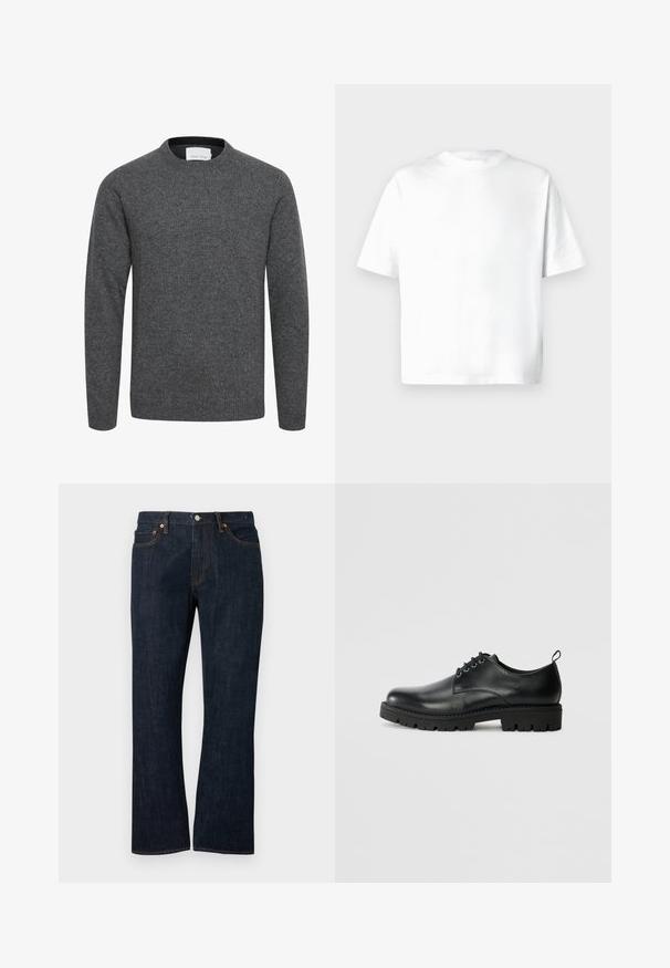 Pull gris charbon à manches longues avec col rond, poignets et ourlet côtelés, en tissu tricoté doux.; T-shirt blanc à manches courtes en coton doux, doté d'un col rond et d'une coupe décontractée sans motifs ni graphiques. Texture lisse.; Jean droit en denim bleu foncé avec poches avant, rivets en cuivre et fermeture par bouton.; Chaussure en cuir noir à bout arrondi, présentant un design à lacets, une semelle en caoutchouc noire robuste et un petit onglet de talon à l'arrière.