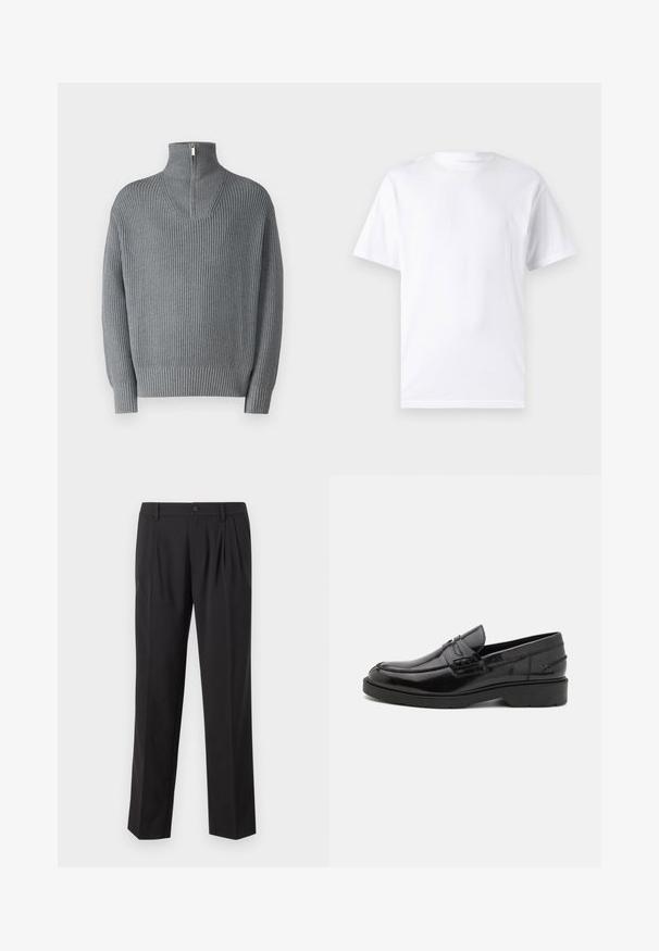 Grauer gerippter Pullover mit hohem, Reißverschluss-Kragen und langen Ärmeln. Verfügt über ein strukturiertes Strickmuster, hat eine entspannte Passform und elastische Bündchen.; Weißes kurzärmeliges T-Shirt aus Baumwolle mit Rundhalsausschnitt, das eine glatte Textur und ein einfaches Design ohne Muster oder Akzente aufweist.; Schwarze, maßgeschneiderte Hose aus glattem Stoff, mit Falten an der Vorderseite, einem Knopfverschluss und geradem Beinschnitt.; Schwarze Lederloafers mit glatter Oberfläche, abgerundetem Zehenbereich, niedrigem Absatz und dekorativer Naht entlang der Vorderseite. Gummisohle für guten Halt.