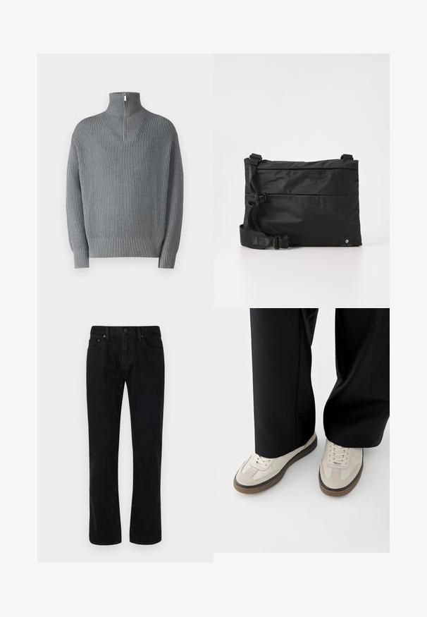 Grauer gerippter Pullover mit hohem, Reißverschluss-Kragen und langen Ärmeln. Verfügt über ein strukturiertes Strickmuster, hat eine entspannte Passform und elastische Bündchen.; Schwarze Jeans aus Denim mit geradem Bein, ausgestattet mit fünf Taschen, einem Knopfverschluss und subtilen Stickdetails. Glatte Textur.; Füße mit beigen Sneakers mit braunen Sohlen und schwarzen Hosen mit weitem Bein auf weißem Hintergrund.; Schwarze Nylon-Umhängetasche mit verstellbarem Riemen, flachem Design und seitlichem Etikett mit Logo. Glatte Textur und minimalistischer Stil.