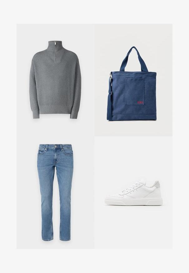 Grauer gerippter Pullover mit hohem, Reißverschluss-Kragen und langen Ärmeln. Verfügt über ein strukturiertes Strickmuster, hat eine entspannte Passform und elastische Bündchen.; Blaue gerade geschnittene Denim-Jeans mit Fronttaschen, Gürtelschlaufen und Knopfverschluss.; Weiße Leder-Sneaker mit glatter Oberfläche, rundem Zehenbereich, flachen Schnürsenkeln und strukturiertem Schuhsohlen. Graues Wildleder-Detail an der Ferse.; Blauer Canvas-Einkaufstasche mit Vordertasche und roter "O.N.S" Stickerei, ausgestattet mit zwei Griffen und einem verstellbaren Schulterriemen.