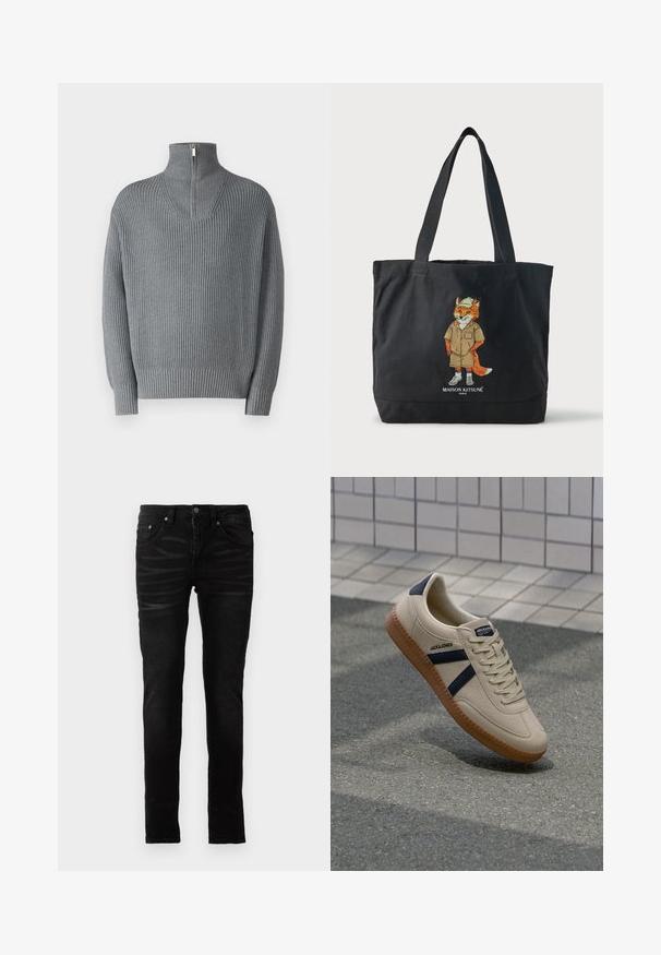 Grå ribbet sweater med høj lynlås-krave og lange ærmer. Har et struktureret strikmønster med en afslappet pasform og elastiske manchetter.; Sorte skinny jeans med en glat denimoverflade, traditionelt fem-lommer design, lynlåsfront og subtile falmede detaljer på stoffet.; Beige sneaker med struktureret overflade, marineblå striber og gummisål. Har en polstret tunge og traditionelt snørresystem for en sikker pasform.; Sort mulepose med to håndtag, med illustration af en ræv iført hat og shorts samt teksten "Maison Kitsuné Paris" nedenunder.