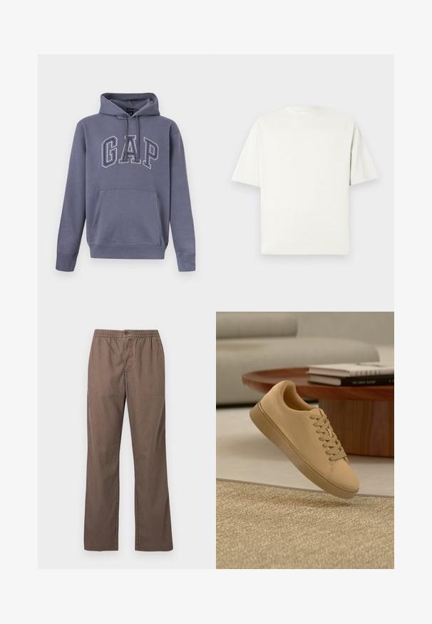 Sweat à capuche bleu-gris avec poche kangourou et "GAP" brodé en grandes lettres en contour sur la poitrine.; T-shirt blanc uni à manches courtes et col rond avec une coupe décontractée, présenté sur un fond gris clair.; Pantalon casual marron avec taille élastique, fermeture à bouton, jambes droites et poches avant, présenté sur un fond blanc uni.; Baskets beiges à lacets flottant au-dessus d'un tapis texturé avec une table basse en bois et des livres empilés en arrière-plan flou.