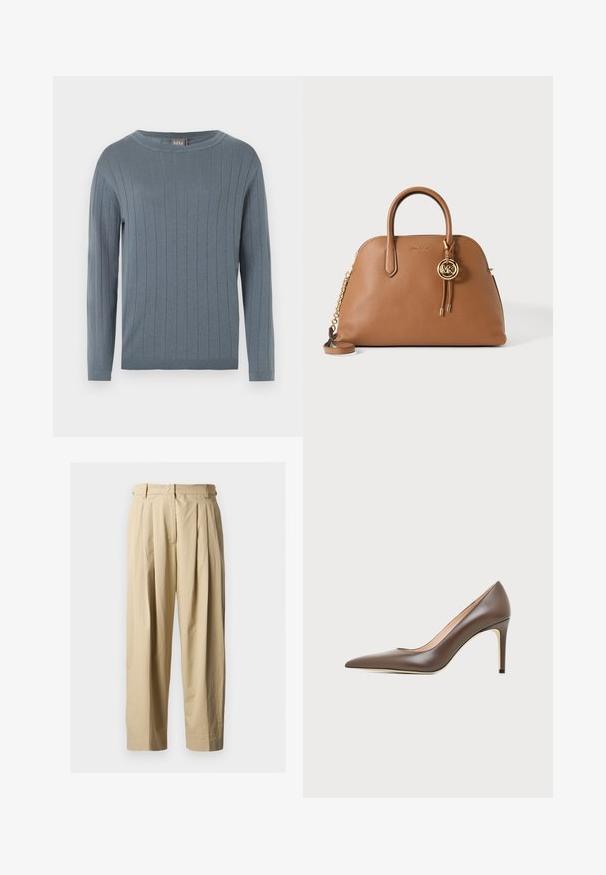 Pull à manches longues et col rond en bleu doux avec motif en côtes verticales, poignets ajustés et ourlet droit.; Pantalon beige à taille haute plissé avec passants pour ceinture, fermeture éclair à l'avant et jambes larges et droites sur un fond uni.; Chaussure à talon haut en cuir marron à bout pointu avec un talon aiguille fin et une finition lisse sur un fond clair.; Sac à main en cuir marron avec anses arrondies, bandoulière chaîne dorée et breloque logo MK dorée sur le devant sur un fond uni clair.