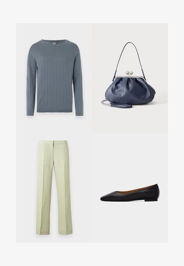 Pull à manches longues et col rond en bleu doux avec motif en côtes verticales, poignets ajustés et ourlet droit.; Pantalon vert clair à jambes droites avec plis à l'avant, taille avec bande et fermeture avant cachée, présenté sur un fond uni.; Chaussure plate en cuir noir à bout pointu avec talon bas et finition lisse, vue de côté sur un fond gris clair.; Sac à main en cuir bleu marine doux avec fermeture à boucle argentée, une seule bandoulière, et une chaîne de poignet amovible sur fond blanc.