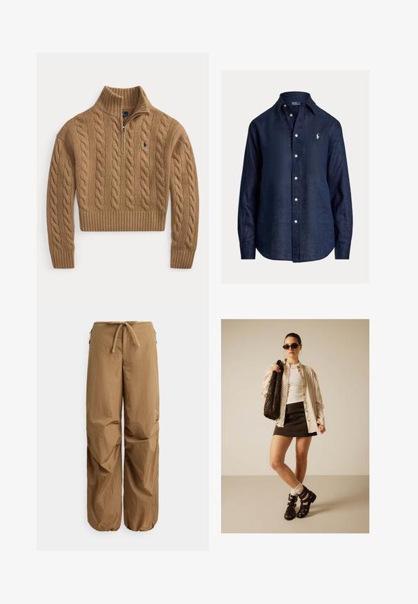 Brun kabelstrikket sweater med halvlange lynlås krave, ribstrikkede manchetter og kant samt lille broderet logo på brystet.; Navyblå langærmet hørskjorte med nedknappet krave, med en logo på venstre bryst og små hvide knapper.; Brune løstsiddende bukser med elastisk snørelukning i taljen, lynlåslommer i siden og elastiske manchetter ved anklerne.; Kvinde iført solbriller, oversize stribet skjorte, hvid top, sort mininederdel, sandaler med sokker, store øreringe, der holder en mørk taske.