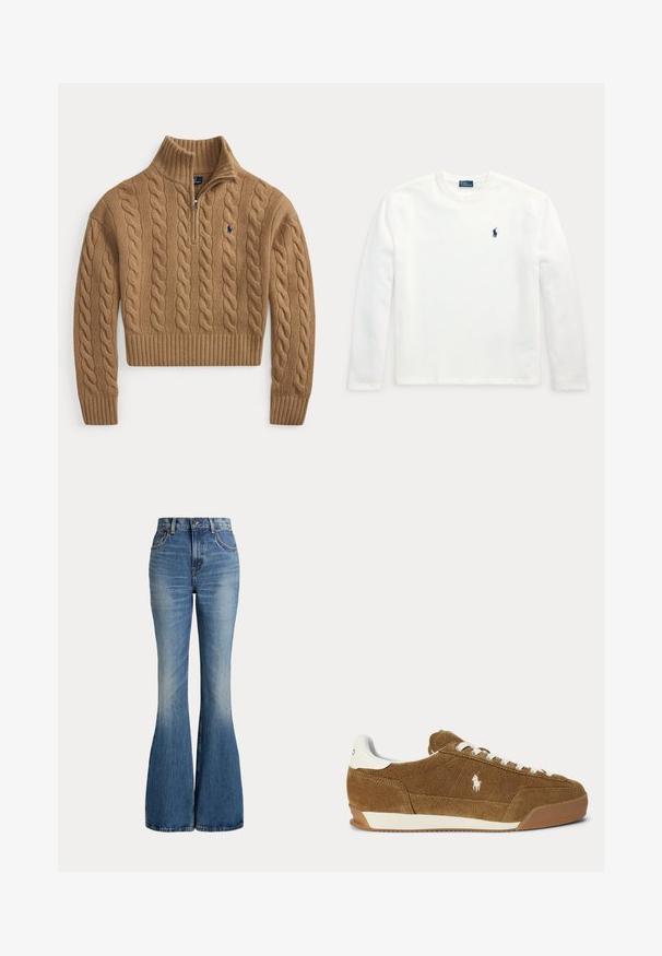 Pull marron en maille torsadée avec col à demi-fermeture éclair, poignets et ourlet côtelés, et petit logo brodé sur la poitrine.; T-shirt blanc à manches longues avec col rond et petit logo brodé bleu foncé représentant un cheval et un cavalier sur la poitrine gauche.; Jean en denim bleu taille haute avec jambes évasées et légère décoloration sur la partie avant des cuisses, présenté sur fond blanc.; Baskets basses en suède marron avec lacets blancs, accent blanc au talon, semelle en caoutchouc et logo Polo brodé sur le côté.