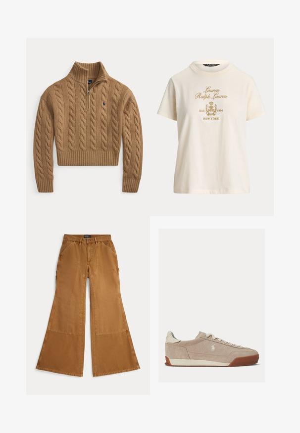 Pull marron en maille torsadée avec col à demi-fermeture éclair, poignets et ourlet côtelés, et petit logo brodé sur la poitrine.; T-shirt crème à manches courtes avec texte "Lauren Ralph Lauren EST. 1996 New York" brodé en doré et blason sur le devant.; Pantalon marron à jambes larges en coton avec détails en patch, fermeture à boutons et poches avant inclinées. Texture lisse, design décontracté.; Baskets basses en daim beige avec des lacets blancs, un logo blanc sur le côté et une semelle en caoutchouc marron.