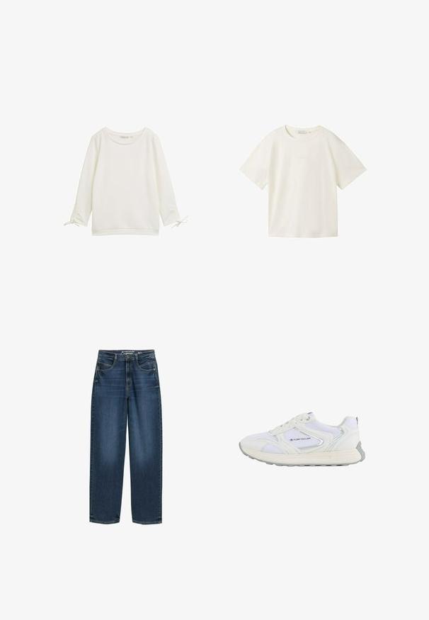 Weißes Oberteil mit langen Ärmeln, strukturiertem Oberflächenmaterial, rundem Ausschnitt und Bindebändern an den Ärmeln. Schlichtes Design mit lockerer Passform.; TOM TAILOR DENIM T-Shirt basic - gardenia white; Dunkelblaue weite Jeans mit hoher Taille, Fronttaschen und klassischer Denim-Textur. Abgeschlossen mit dezenten Steppnähten und geraden Beinsäumen.; Weißer Sportschuh mit einem Obermaterial aus Mesh und Synthetik, ausgestattet mit silbernen Akzenten und einer strukturierten Gummisohle, beschriftet mit "TOM TAILOR."