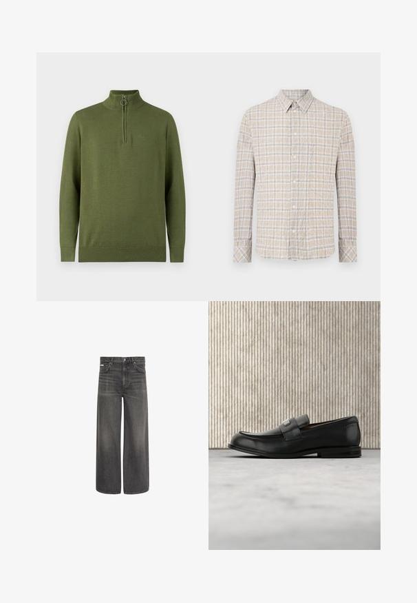 Pull tricoté en vert olive, avec un col demi-zip orné d'un anneau en métal, des poignets et un ourlet côtelés. Détail logo embossé sur la poitrine.; Chemise beige à manches longues avec un motif à carreaux blanc et gris et une poche poitrine.; Jean en denim gris foncé à jambes larges avec poches avant et arrière, passants de ceinture, fermeture boutonnée et fermeture éclair.; Mocassin en cuir noir avec une plaque de marque en métal reposant près d'une table ronde marron sur un sol recouvert de moquette beige.