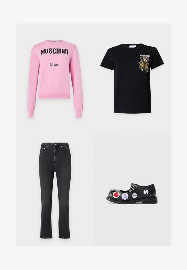 Pull en tricot à manches longues de couleur rose pâle avec "MOSCHINO" en grandes lettres noires et "Milano" en lettres noires plus petites sur le devant.; T-shirt noir à manches courtes avec un petit ours en peluche enveloppé d'un ruban à mesurer jaune et le mot "Moschino" imprimé sur la poitrine.; Jean noir taille haute à jambes droites avec poches avant, passants pour ceinture, fermeture par bouton et coutures visibles sur un fond clair.; Chaussure Mary Jane en cuir noir avec une sangle et une boucle, ornée de divers autocollants ronds aux accents rouges, bleus et blancs. Design à semelle plate.