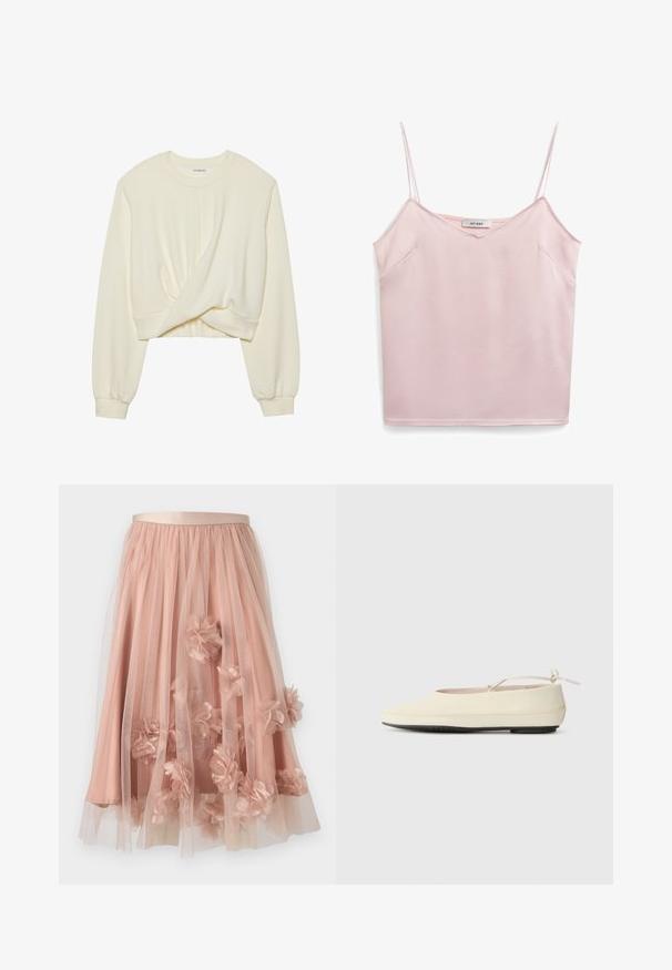 Sweatshirt créme, court avec des manches longues ajustées. Présente un détail torsadé à l'avant et un ourlet côtelé. Texture douce et lisse.; Haut sans manches rose avec des bretelles fines, décolleté en V, texture douce et deux poches latérales. L'étiquette indique "IVY OAK". Design simple et épuré.; Jupe en tulle rose pâle avec une ceinture en satin. Comprend plusieurs couches de tissu transparent et des appliqués floraux en trois dimensions sur toute la surface.; Des chaussures plates de couleur crème avec un bout arrondi, une sangle à la cheville et une semelle en caoutchouc noir contrastante. Matériau lisse avec un detailing minimal.