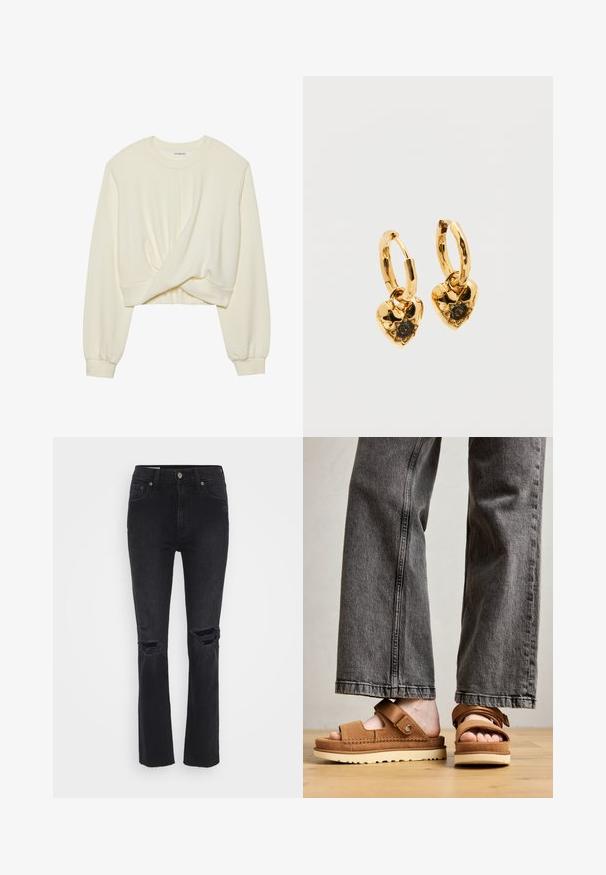 Creme, cropped sweatshirt med lange, tætsiddende ærmer. Har en snoet detalje foran og en ribbet kant. Blød, glat tekstur.; GAP CHEEKY RIVERA ZIP - Jeans Straight Leg - worn black; Brune lukkede sandaler med tå, der har en blød overdel, justerbar rem og en tyk beige sål. Bruges sammen med grå vidde jeans.; Guld øreringe med hjerteformede vedhæng. Hvert hjerte har en tekstureret overflade og en central sort ædelsten i en fæstning med klør.