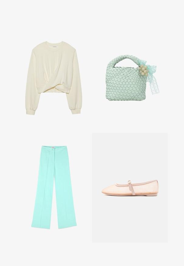 Creme, cropped sweatshirt med lange, tætsiddende ærmer. Har en snoet detalje foran og en ribbet kant. Blød, glat tekstur.; Lyseblå bukser med vid ben, højtaljet, med knap og lynlås foran, vist mod en hvid baggrund.; Lys beige flad sko med spidst tåparti og en enkelt rem med spænde på siden, vist på en ensfarvet hvid baggrund.; Lille mintgrøn vævet håndtaske med tykt håndtag, dekoreret med blondersløjfe og klynge af gennemsigtige perler på siden.