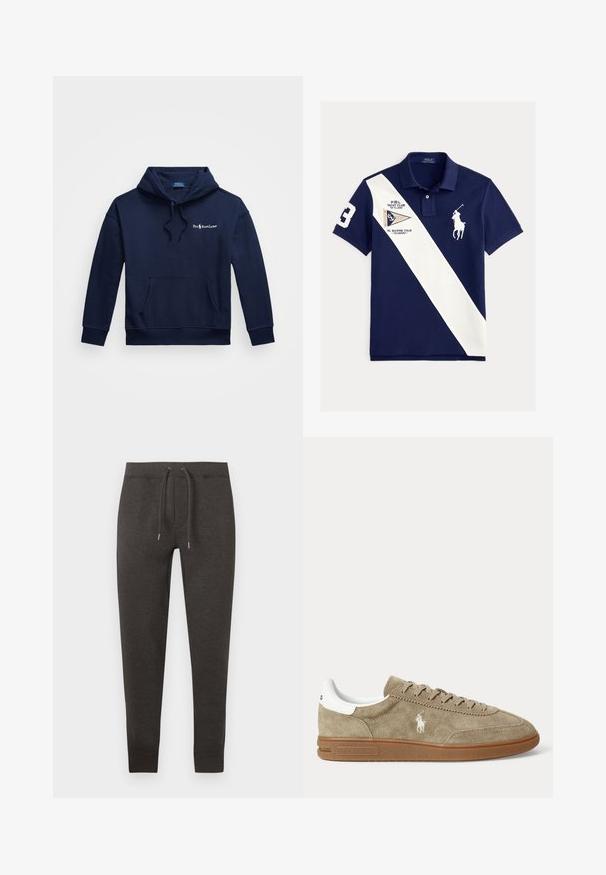 Marineblå hættetrøje lavet af en bomuldsblanding, med en frontlomme, snoretræk til hætten og broderet logo på venstre bryst.; Mørkeblå polo shirt med hvid diagonal stribe, stort nummer 3 på ærmet, yachtklub mærke og hvid polo spiller logo på brystet.; Mørkegrå joggingbukser lavet af blødt materiale, med elastisk talje med snor, tilspidsede ben og manchetter ved anklerne.; Beige lavskoet ruskindesneaker med brun sål, hvid hældetalje, snørebånd og en hvid broderet polospillerlogo på siden.