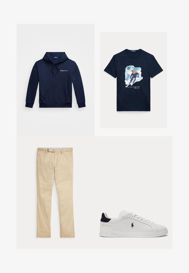 Marineblå hættetrøje lavet af en bomuldsblanding, med en frontlomme, snoretræk til hætten og broderet logo på venstre bryst.; Marineblå bomuld T-shirt med et motiv af en bjørn, der står på ski, iført skibriller, med en helikopter over sig og snedækkede bjerge i baggrunden.; Beige bukser med lige ben, bæltestropper og frontlynlås, lagt fladt mod en hvid baggrund.; Hvid lavtstående sneaker med sort polo-spiller logo på siden, navy hælklap, hvide snørebånd og "Ralph Lauren" guldsignatur nær hælen