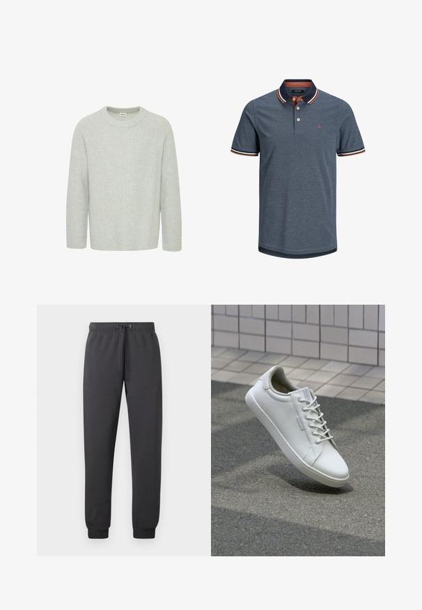 Lys grå, ribbet striktrøje med rund halsudskæring og trekvartærmer, med et struktureret mønster og en afslappet pasform.; Mørkeblå polo-shirt lavet af tekstureret stof, med en tre-knaps placket, kontrastkrave i bourgogne og stribede ærmeakcenter.; Mørkegrå joggebukser lavet af blødt stof med elastisk taljebånd med snøre, tilspidsede ben og opsmøgede kanter.; Hvide sneakers lavet af tekstureret læder, med snørelukning, robust gummisål og minimalistisk design med forstærket tå.