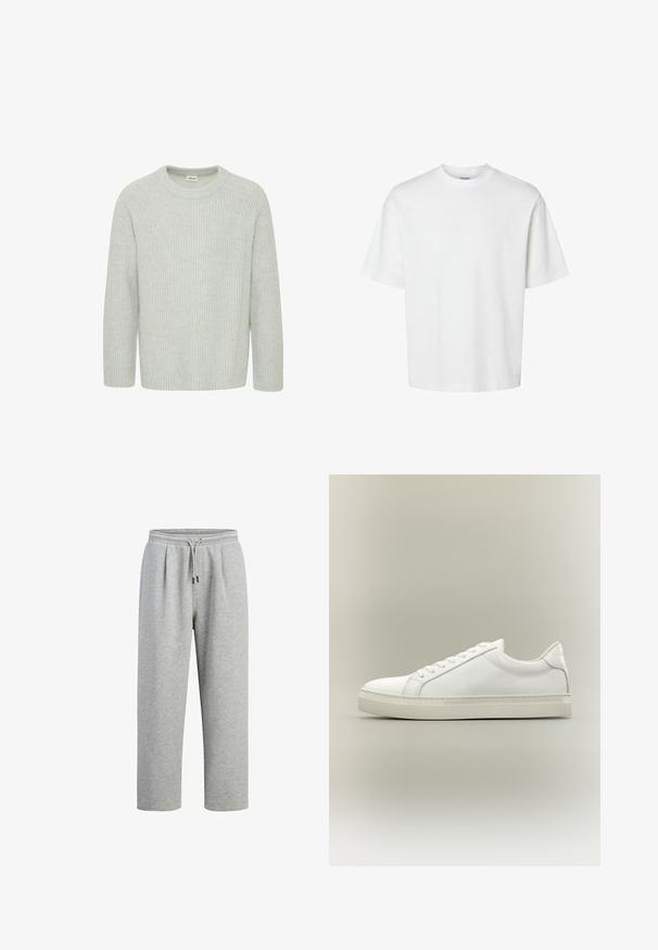 Suéter de punto acanalado gris claro con escote redondo y mangas de tres cuartos, que presenta un patrón texturizado y un ajuste holgado.; Camiseta blanca lisa de manga corta con cuello redondo y corte holgado mostrada sobre un fondo blanco.; Pantalones de chándal grises elaborados con una suave mezcla de algodón. Presentan una cintura elástica con cordón, un corte holgado y bolsillos laterales.; Zapatilla blanca de perfil bajo con cordones en la parte delantera y suela gruesa, mostrada de lado sobre un fondo neutro.